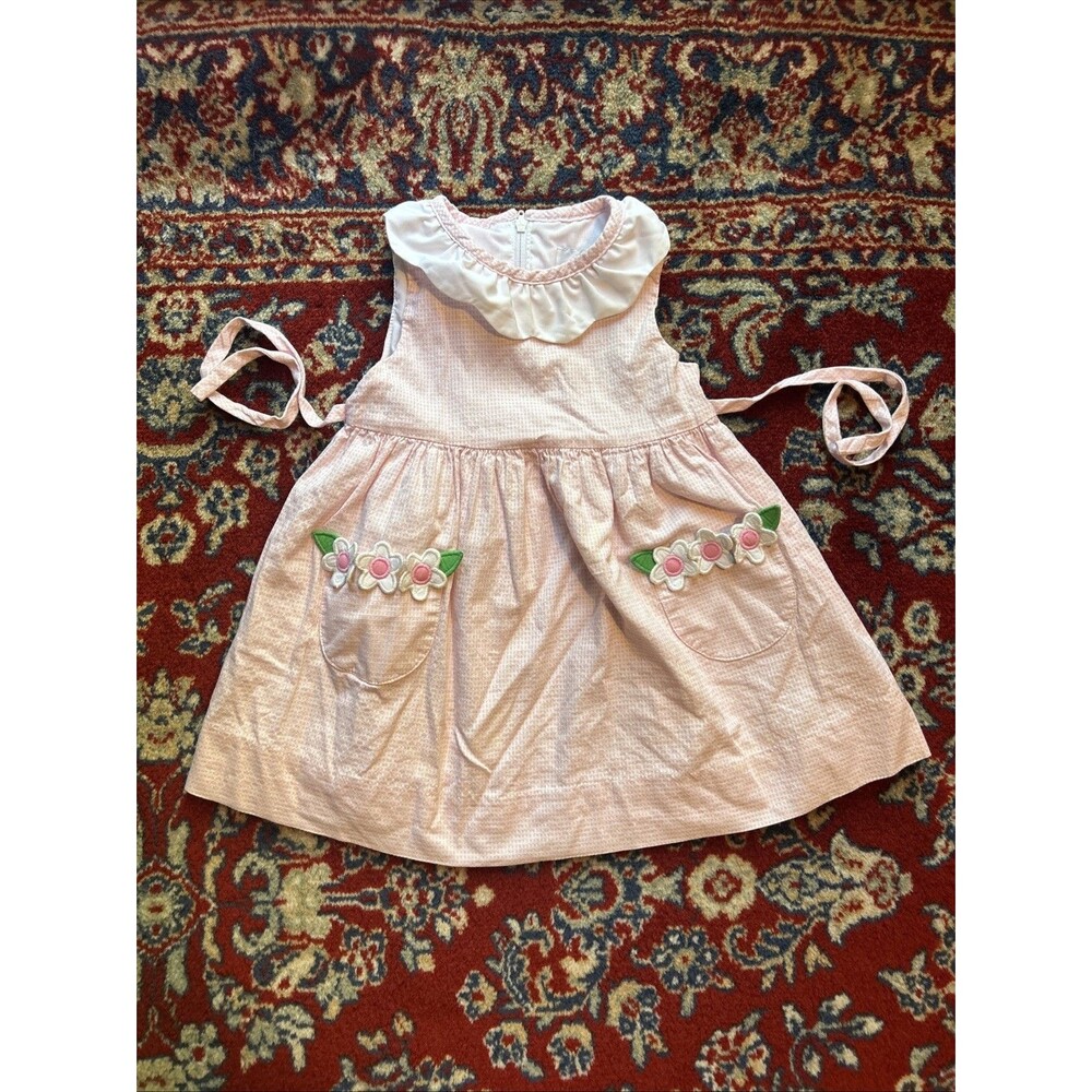 Florence Eiseman Chechered Print Dress Flower Pockets Tie Zip 100% Cotton Sz 12m